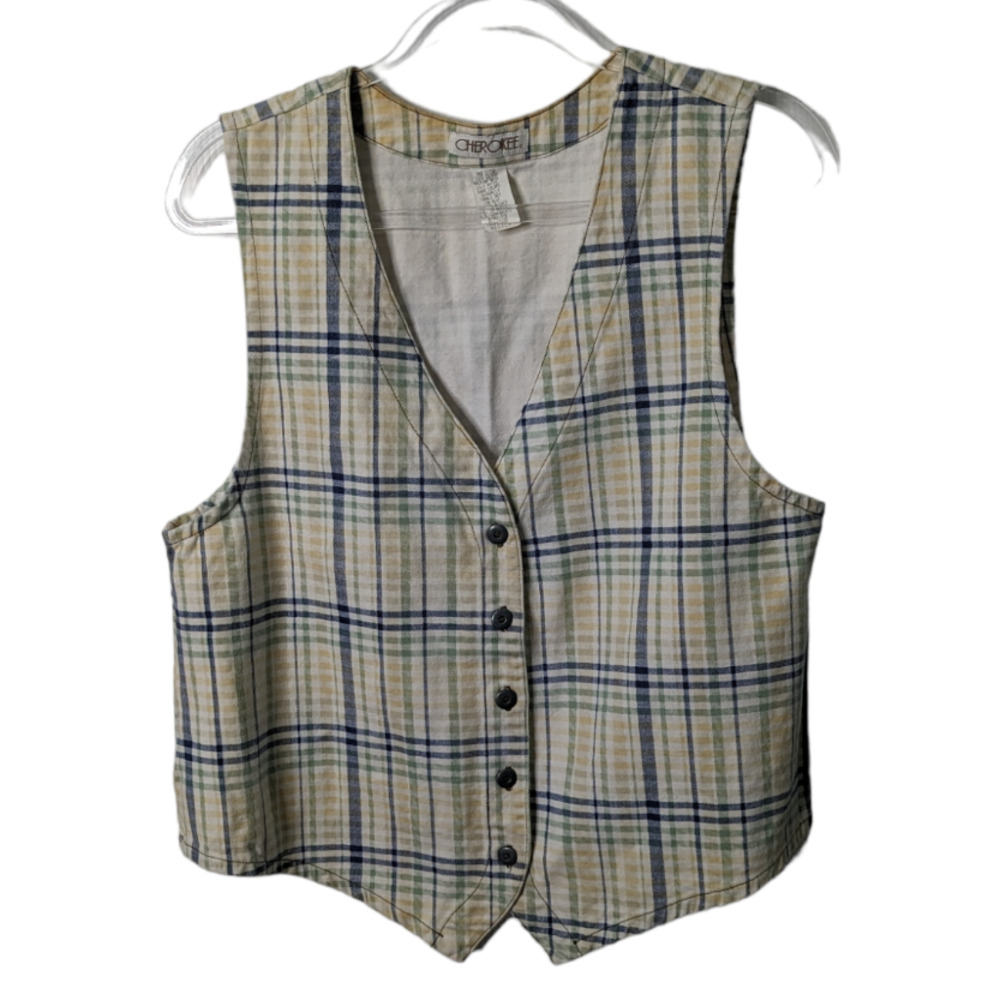 Vintage 90's Cherokee Plaid Striped Print Vest Cotton Canvas  Size Medium